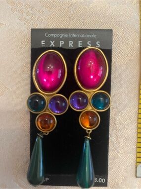 Express Multicolor Statement Drop Earrings - Pink, Teal, Purple, Amber Clip